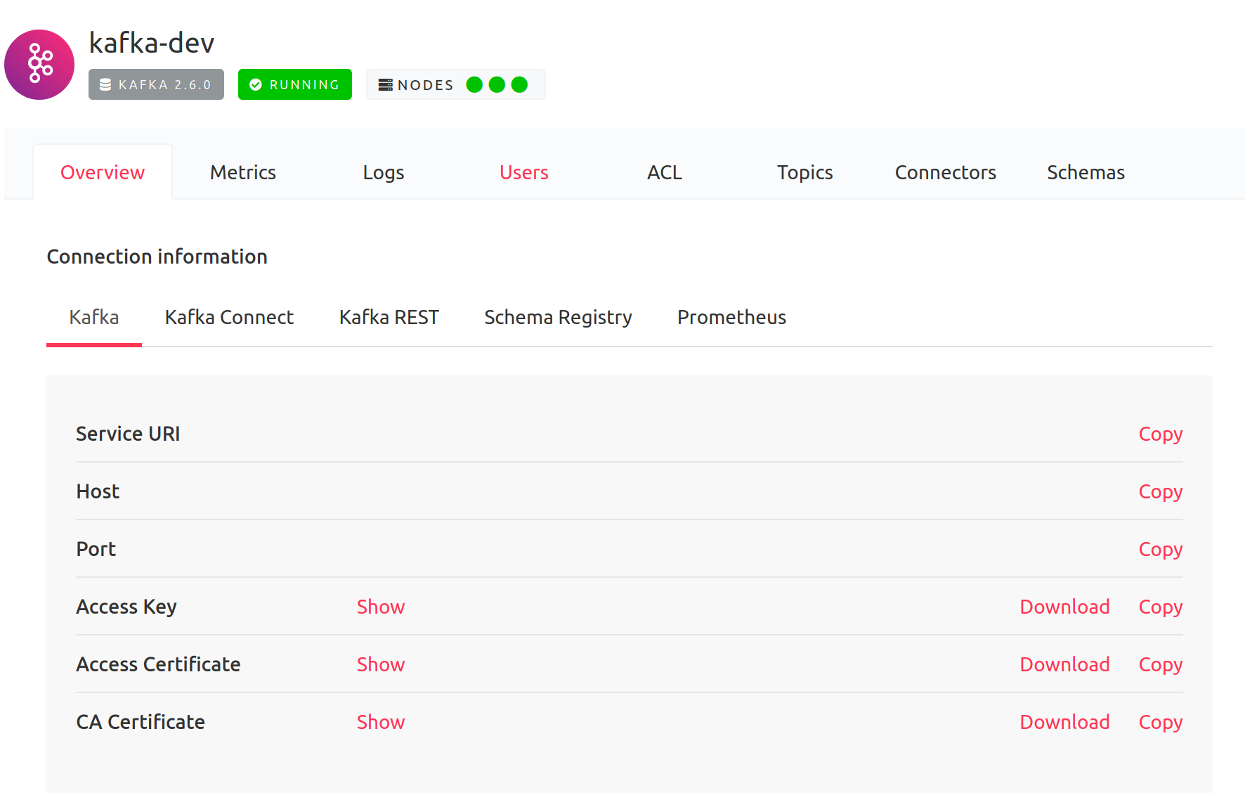 Screenshot from Aiven portal, Kafka Overview tab with connection information, last one is CA Certificate