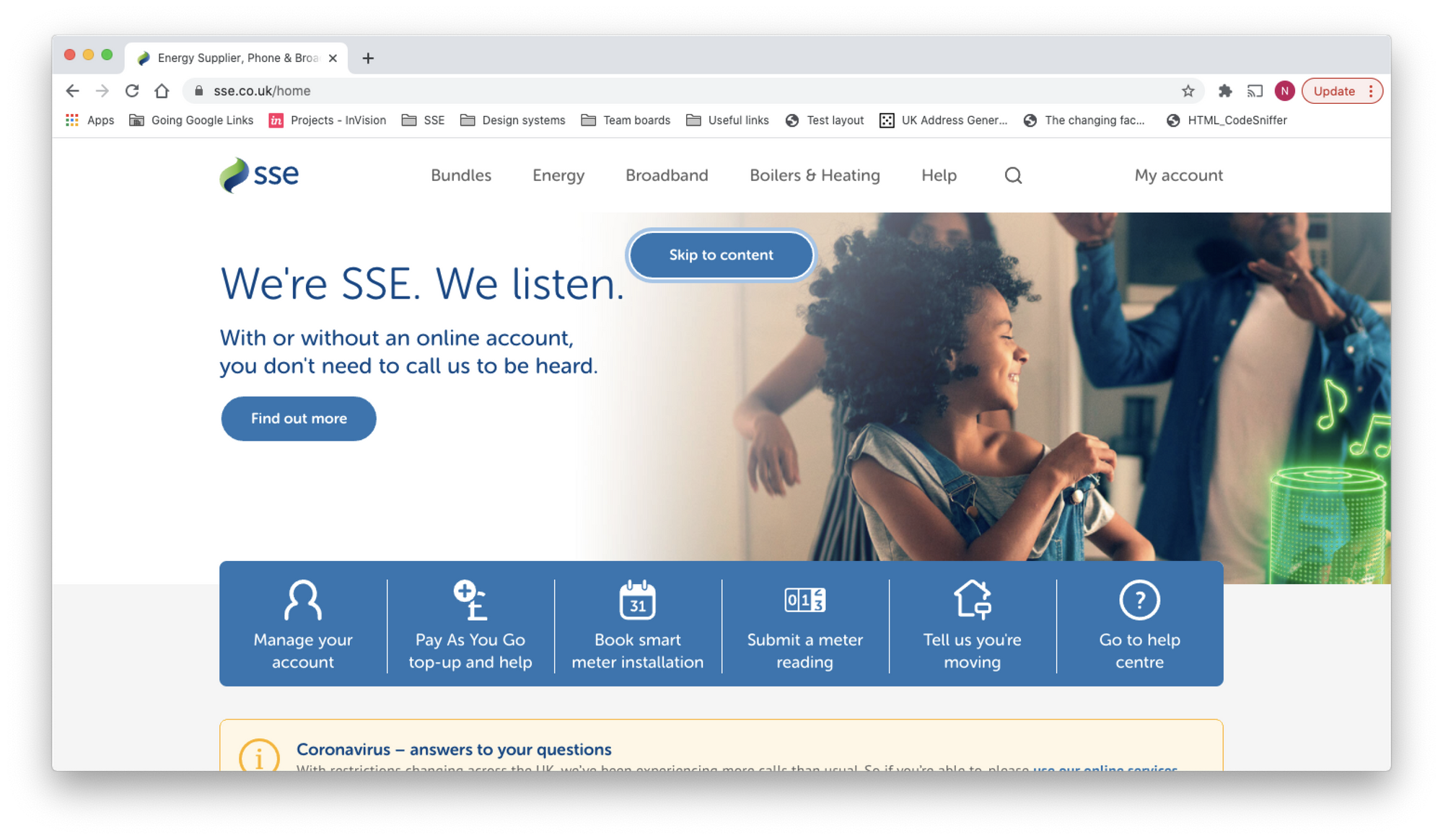 The SSE homepage with a “skip to content” button in focus when someone begins to tab through the webpage.
