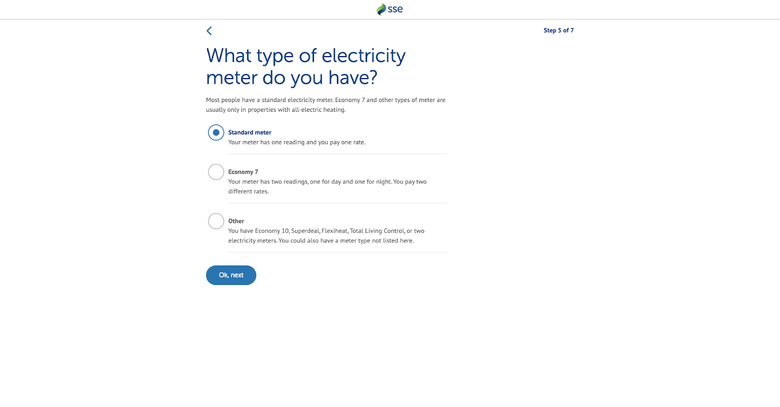 SSE energy quote journey question regarding what electricity meter a customer has.